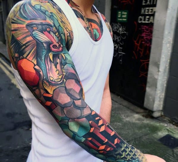 Awesome 3d Sleeve Mens Colorful Full Arm Tattoo With Geometric Design