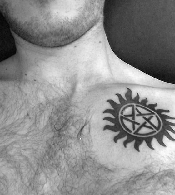 Awesome Anti Possession Symbol Chest Tattoos For Men