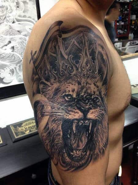 Awesome Arm Lion With Crown Mens Tattoos
