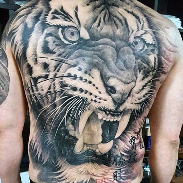 Awesome Back Guys Roaring Tiger Realistic 3d Tattoo Designs
