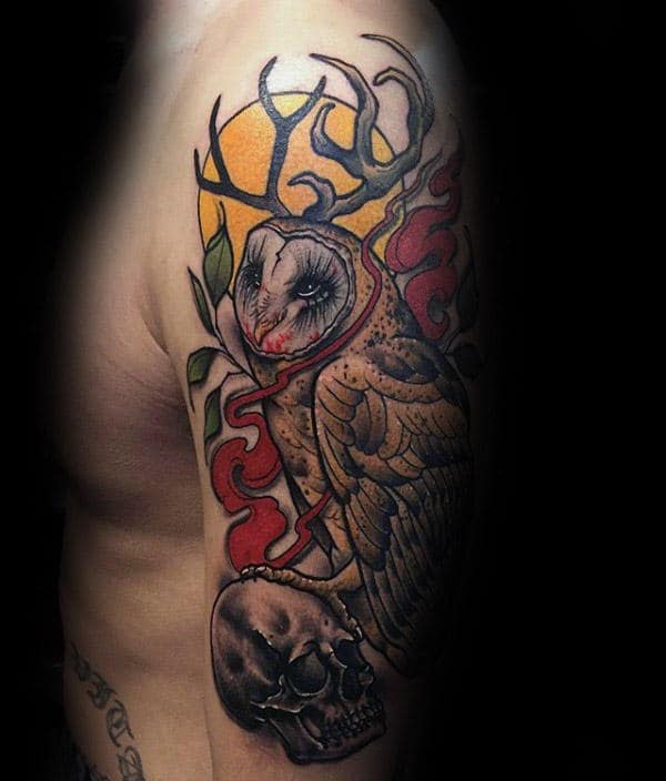 Awesome Barn Owl Skull Mens Upper Arm Tattoo