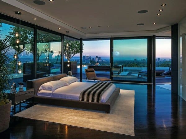 overlooking bedroom with full glass window