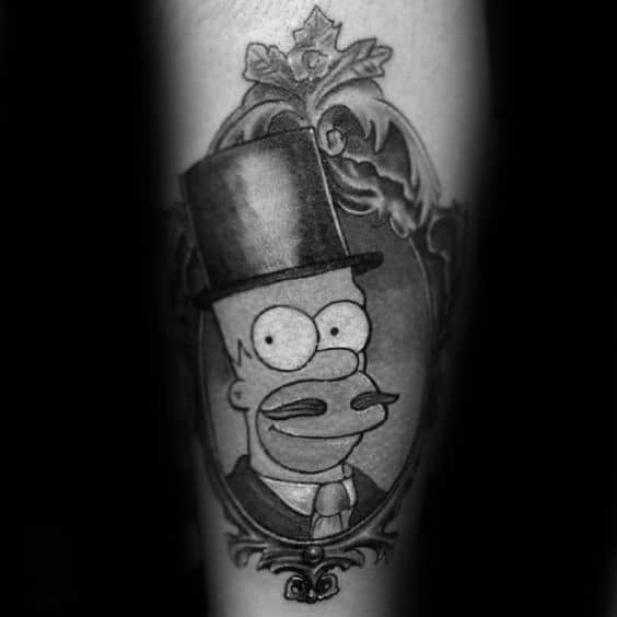 Awesome Black And Grey Ink Fame Homer Simpson With Top Hat Forearm Tattoos For Men