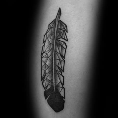 Awesome Black And Grey Ink Geometric Arm Feather Tattoos For Men