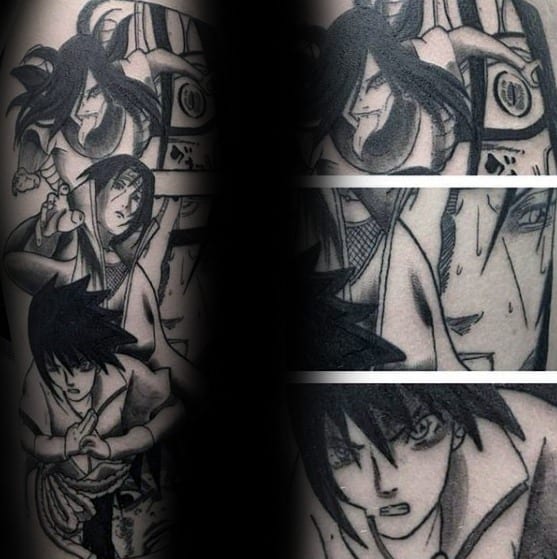 Awesome Black And Grey Ink Leg Anime Tattoos For Men