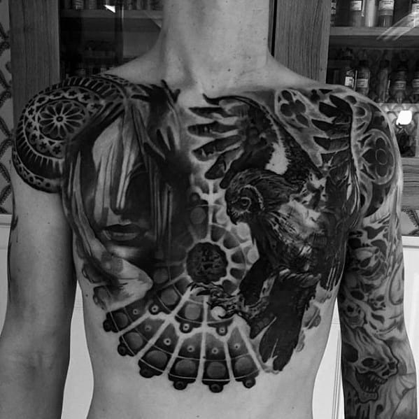 Awesome Black And Grey Ink Owl With Church Window Incredible Chest Tattoos For Men