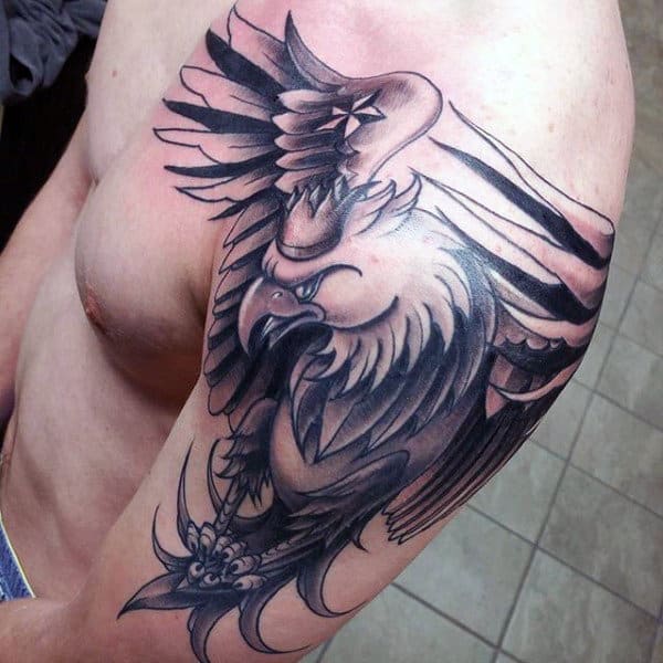 Awesome Black And Grey Ink Polish Eagle Mens Arm Tattoo