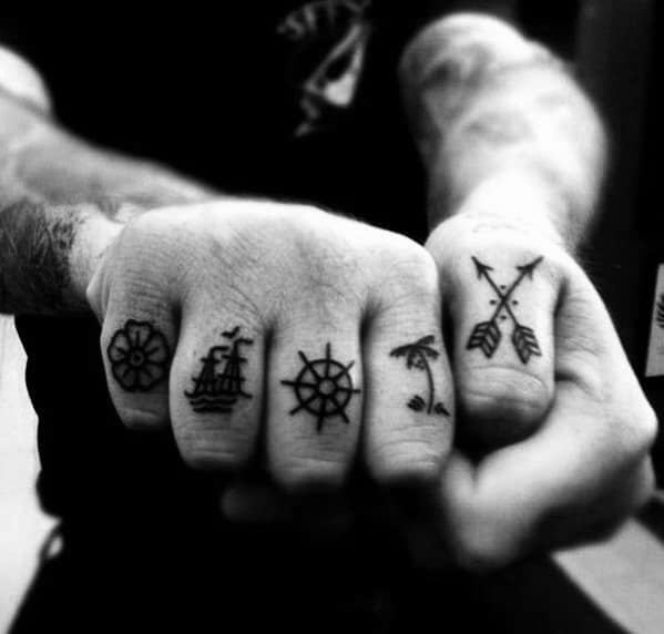 Awesome Black Ink Fingers Quarter Sized Tattoos For Men