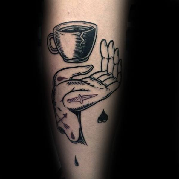 Awesome Black Ink Hand With Broken Coffee Cup Forearm Tattoos For Men
