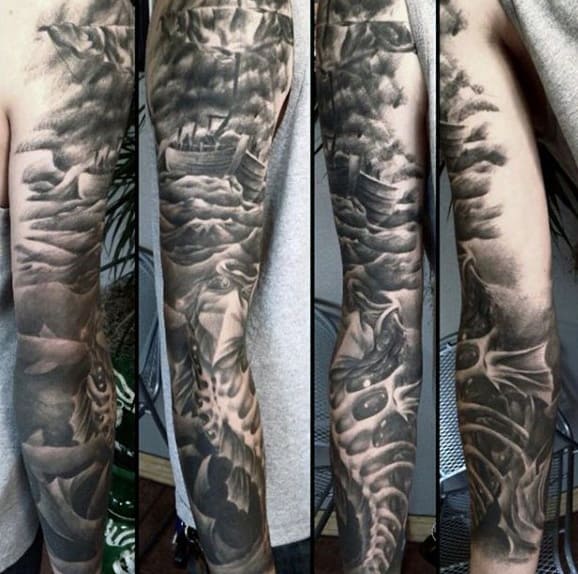 Awesome Black Ink Shaded Full Sleeve Guys Ocean Themed Tattoo With Sailing Ship And Sea Monsters