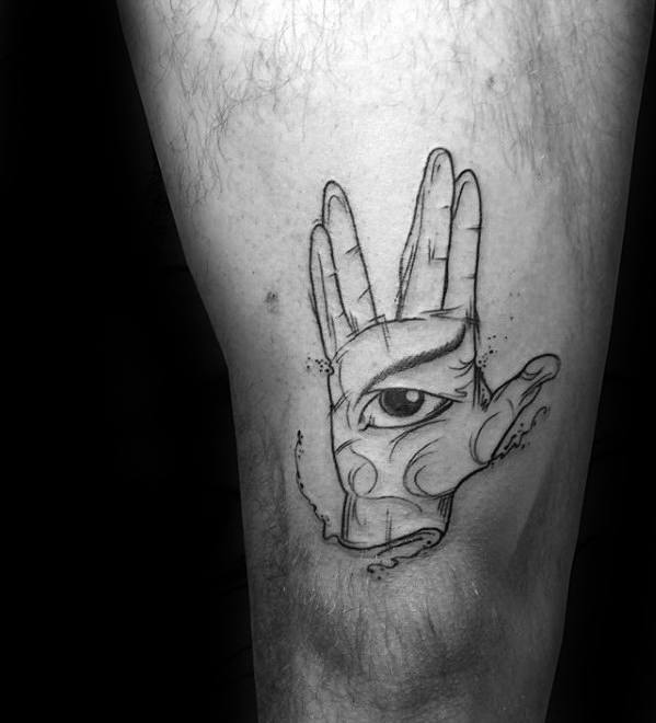 Awesome Black Ink Sketched Vulcan Salute Thigh Star Trek Tattoos For Men