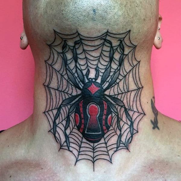 Fantastisches schwarzes Witwenspinnen-Tattoo am Hals für Männer