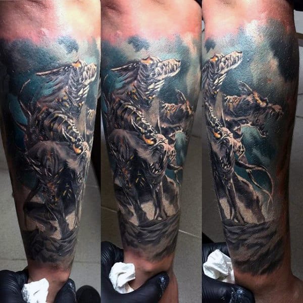 Awesome Cerberus Watercolor Mens Forearm Sleeve Tattoos