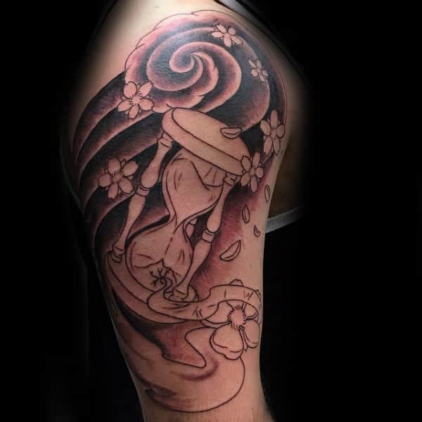 Awesome Cherry Blossom With Hourglass In Wind Male Upper Arm Tattoo