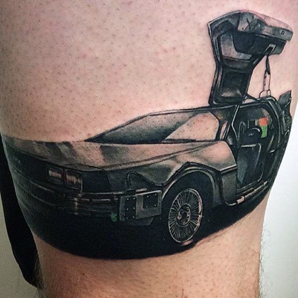 Awesome Delorean From Back To The Future Mens Leg Tattoo