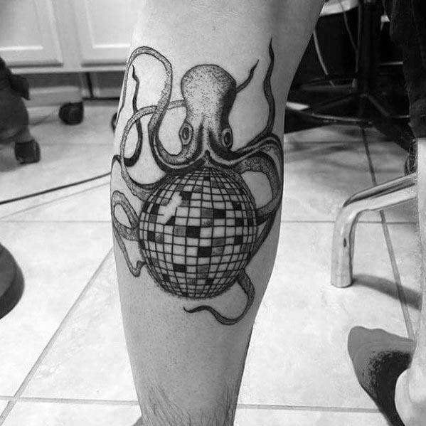 Awesome Disco Ball Octopus Leg Calf Tattoos For Men