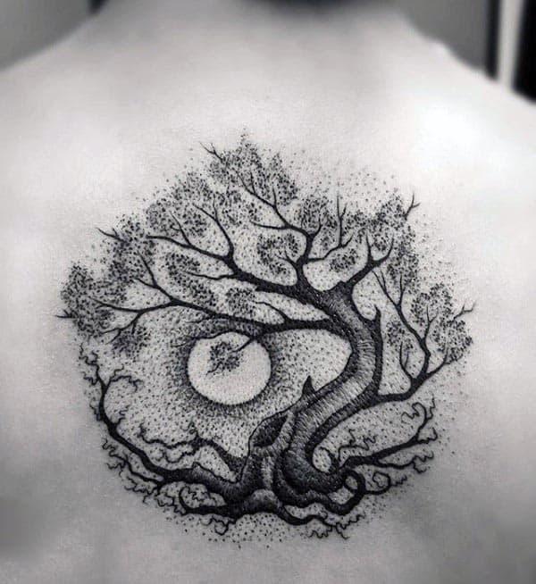 Awesome Dotwork Guys Tree Of Life Moon Upper Back Tattoo