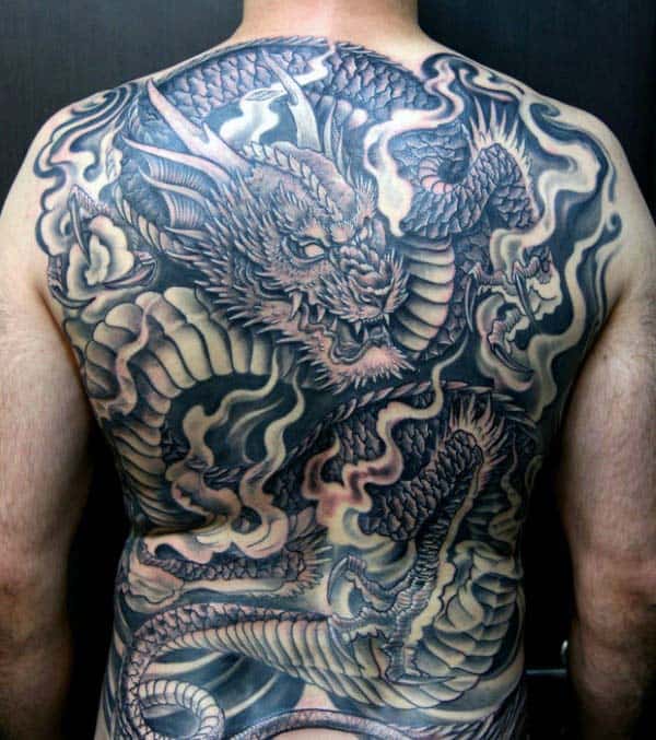 Awesome Dragon Mens Full Back Smoking Tattoo Design