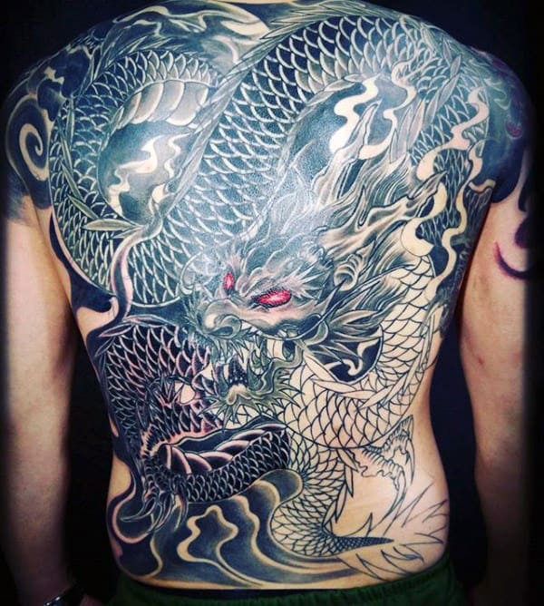 Awesome Dragon With Red Eyes Male Back Tattoo