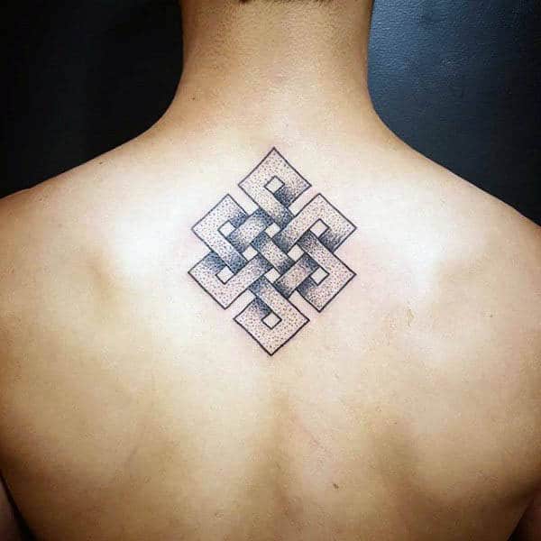 Awesome Endless Knot Guys Dotwork Upper Back Tattoo