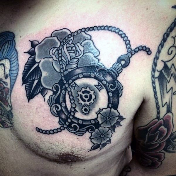 Awesome Flower And Pocket Watch Tattoo On Chest For Males