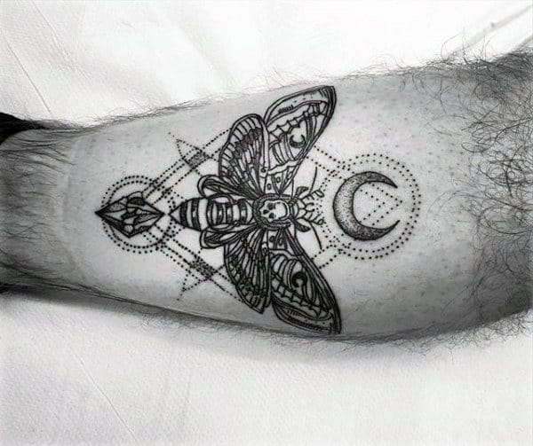 Awesome Geometrical Guys Leg Calf Moth Tattoo Ideas