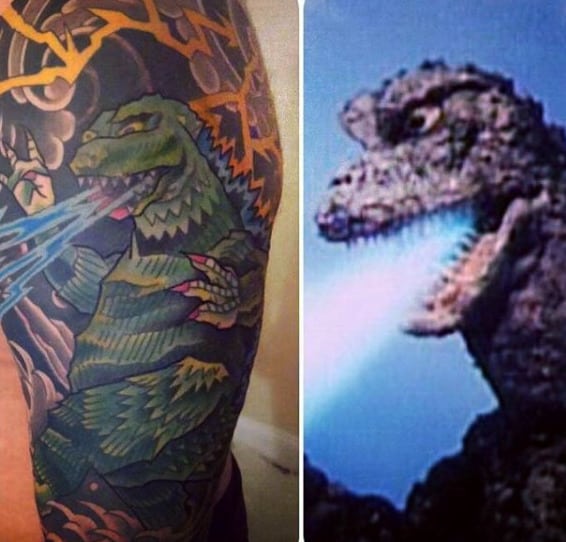 Awesome Godzilla With Fire Tattoo On Guy