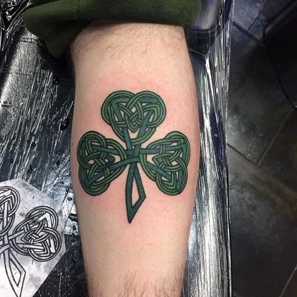 Awesome Green Mens Celtic Shamrock Tattoos On Leg Calf