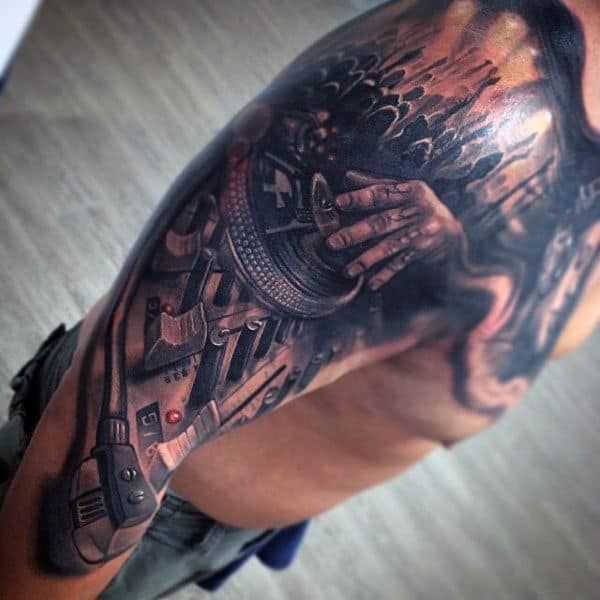Awesome Grey Black Musical Tattoo For Men On Shoulders