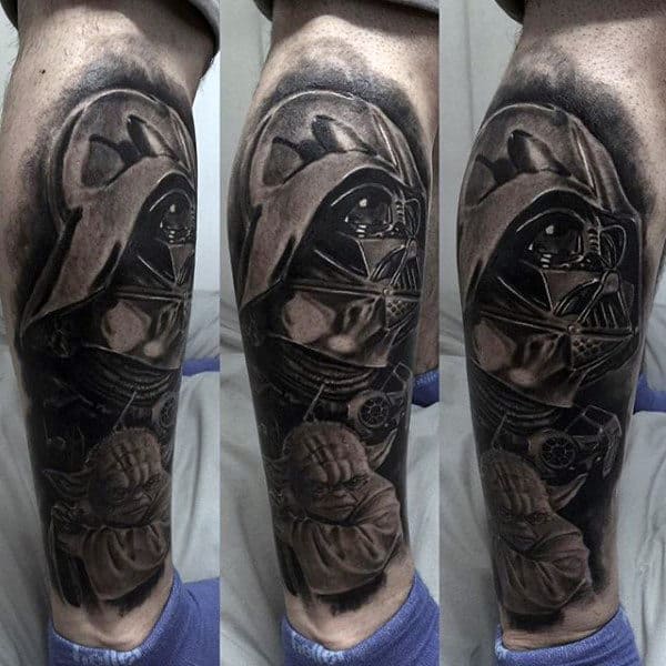 Awesome Grey Darth Vader And Yoda Tattoo Male Arms
