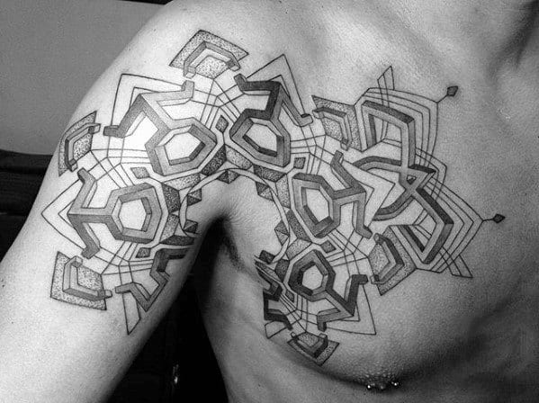 Awesome Guys 3d Geometric Chest And Arm Tattoo