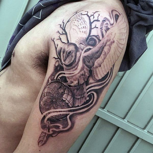 Awesome Guys Arm Barn Owl Shaded Ink Tattoo Designs