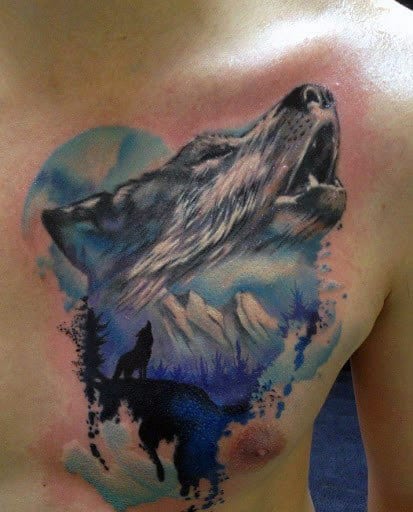 Awesome Guys Blue Ink Mountains Watercolor Howling Wolf Upper Chest Tattoos