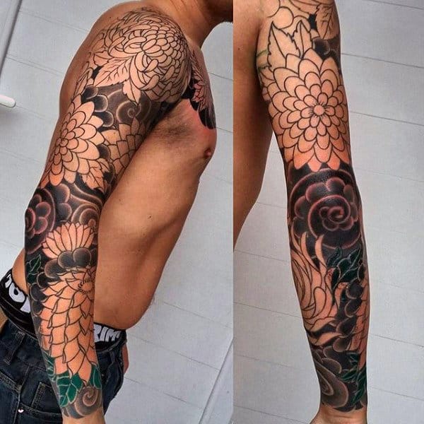 Awesome Guys Chrysanthemum Flower Full Sleeve Tattoo Inspiration
