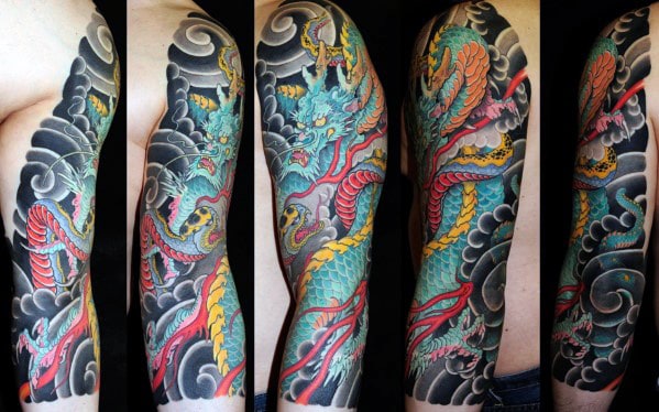 Awesome Guys Japanese Dragon Cloud Half Sleeve Tattoos
