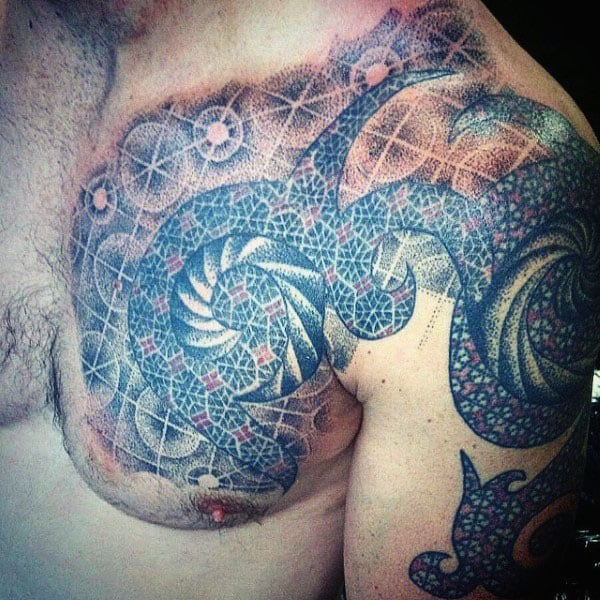 Awesome Guys Pointillism Upp Chest Tattoo Designs