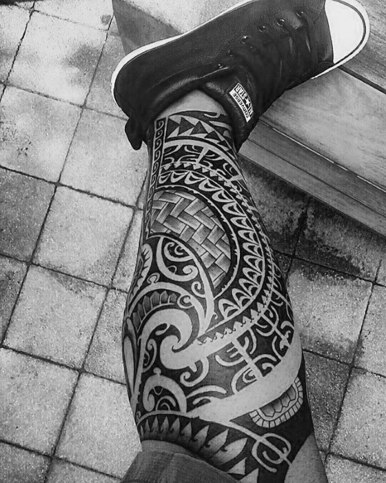 Awesome Guys Polynesian Leg Sleeve Tattoo