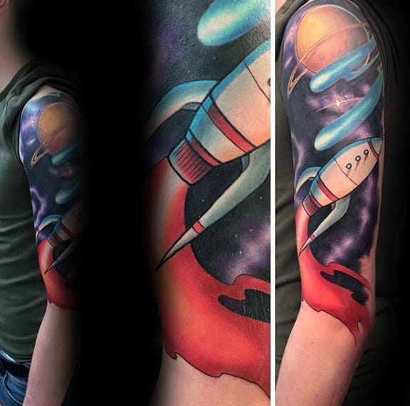 Awesome Guys Rocket Ship Half Sleeve Tattoos