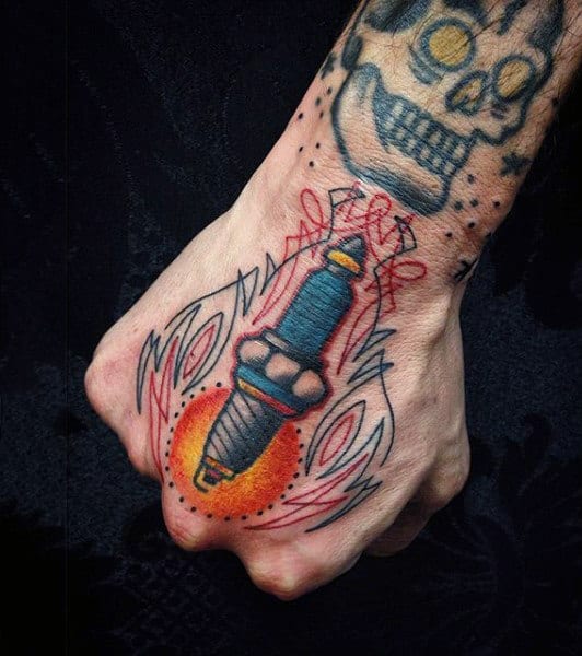 Awesome Harley Davidson Spark Plug Mens Hand Tattoo