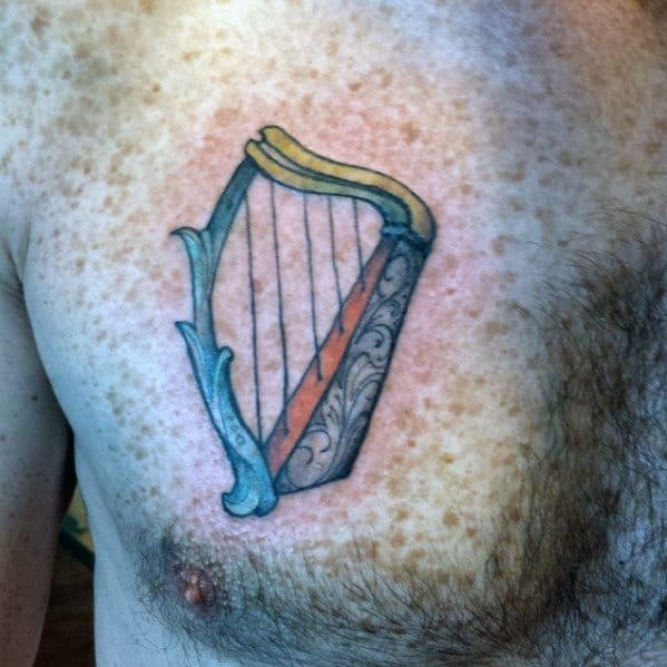 Awesome Harp Tattoos For Men Old School Upper Chest
