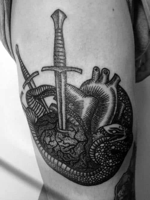 Awesome Ink Broken Heart With Swords Thigh Tattoos For Men