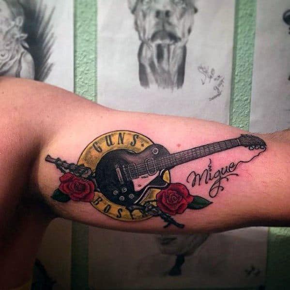 Black and Gray Guitar and Script Tattoo by Dan Stewart TattooNOW