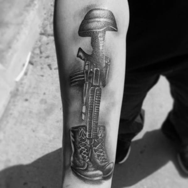 Awesome Inner Forearm Fallen Soldier Cross Tattoo For Guys