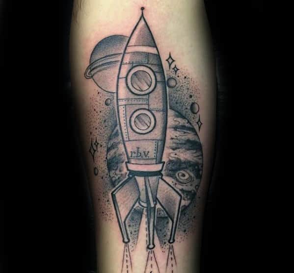 Awesome Inner Forearm Rocket Ship Male Tattoos