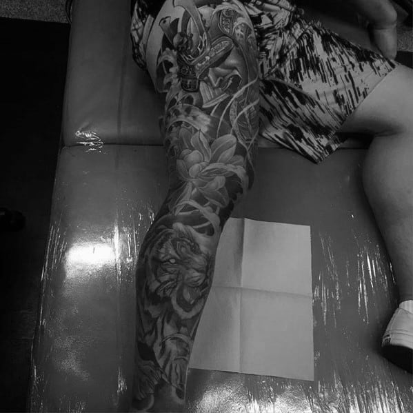 Awesome Japanese Full Leg Sleeve Tattoo For Men With Cool Samuari Design