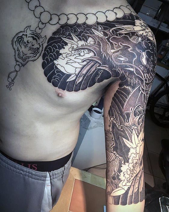 Awesome Japanese Male Koi Dragon Half Sleeve Tattoos