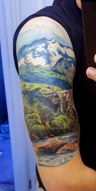 Awesome Landscape Male Half Sleeve Tattoo