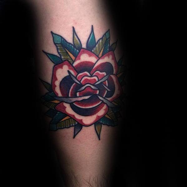Awesome Leg Calf Guys Traditional Rose Flower Tattoos