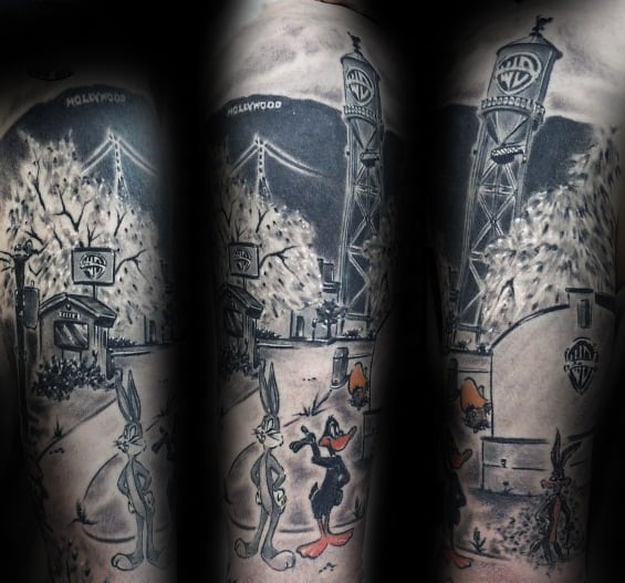 Awesome Looney Tunes Tattoos For Men Shaded Black And Grey Sleeve