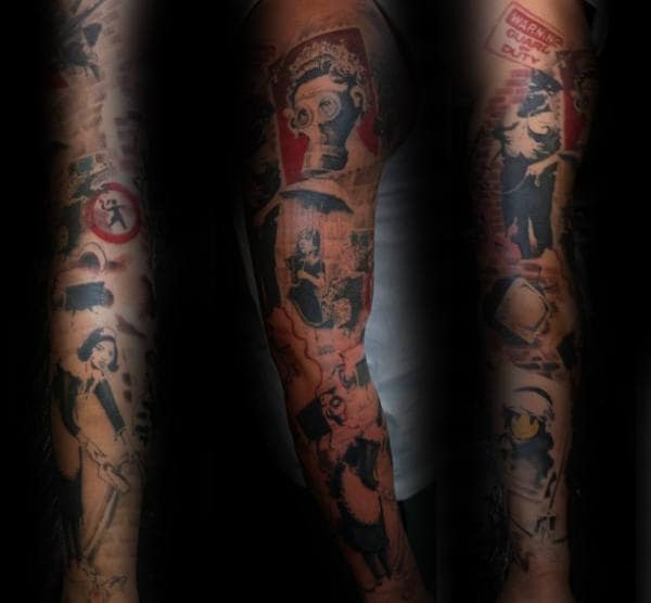 Awesome Male Banksy Themed Full Sleeve Tattoo Inspiration